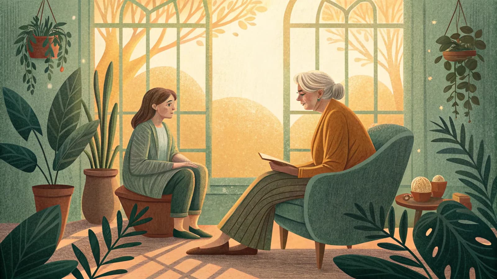 An administrator sitting with a resident and her adult daughter in a bright community common room
