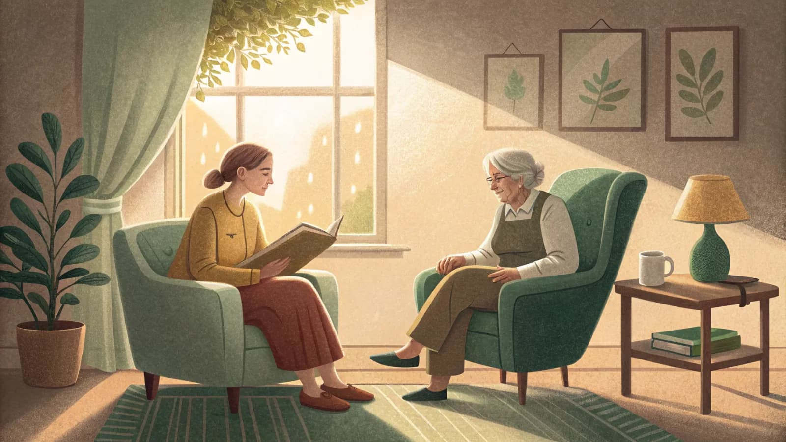 A staff member and an elderly resident sitting in armchairs by a sunlit window in a quiet common room, going over an open folder together