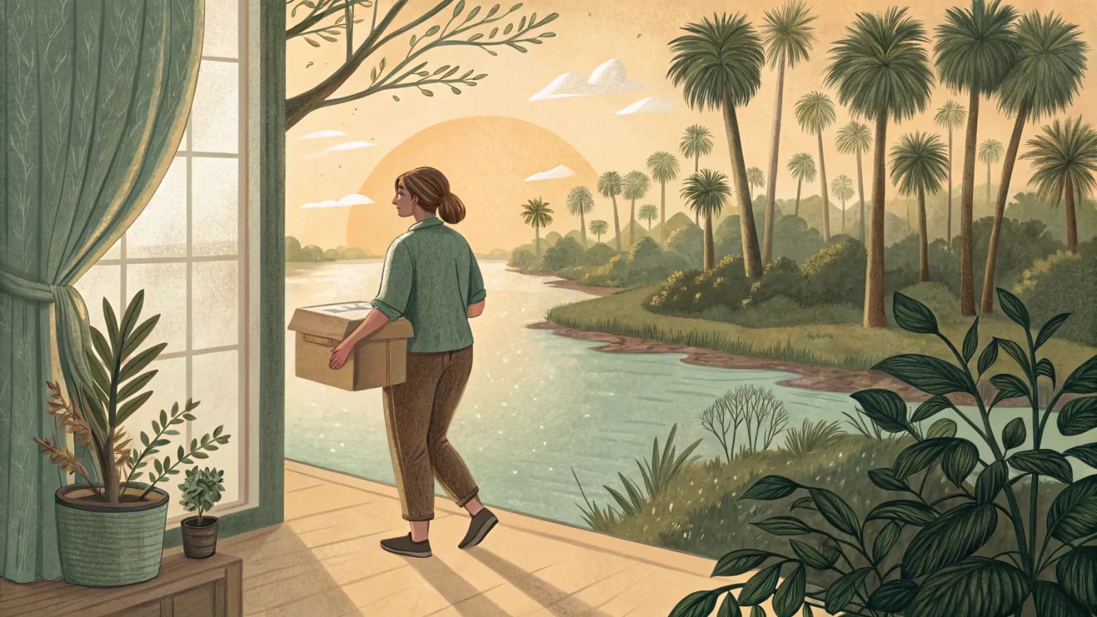 An illustration of a family moving a parent into a sunlit room near a Florida river