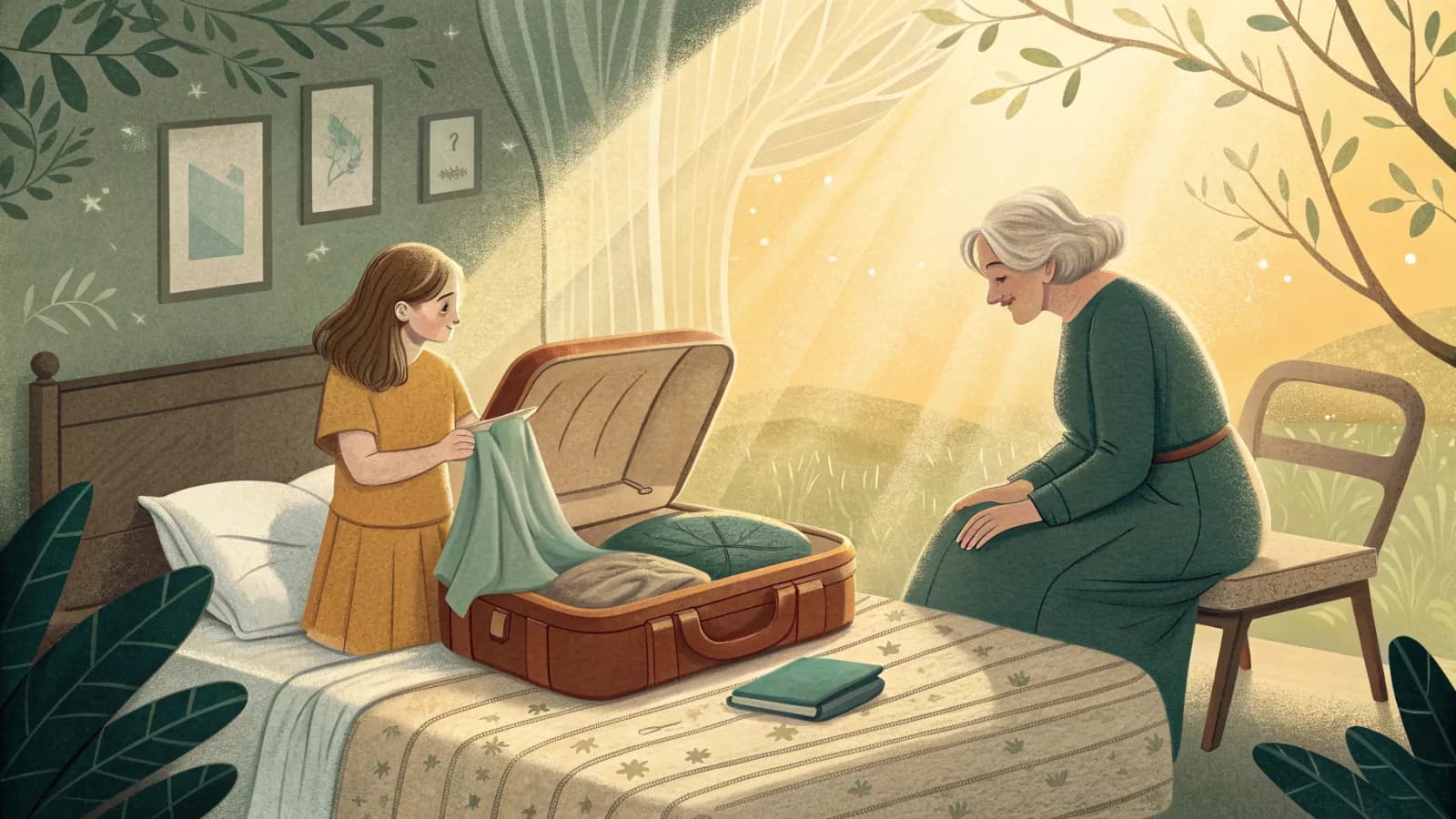 An adult daughter folding clothes into an open suitcase on a bed while her elderly mother sits nearby in a chair