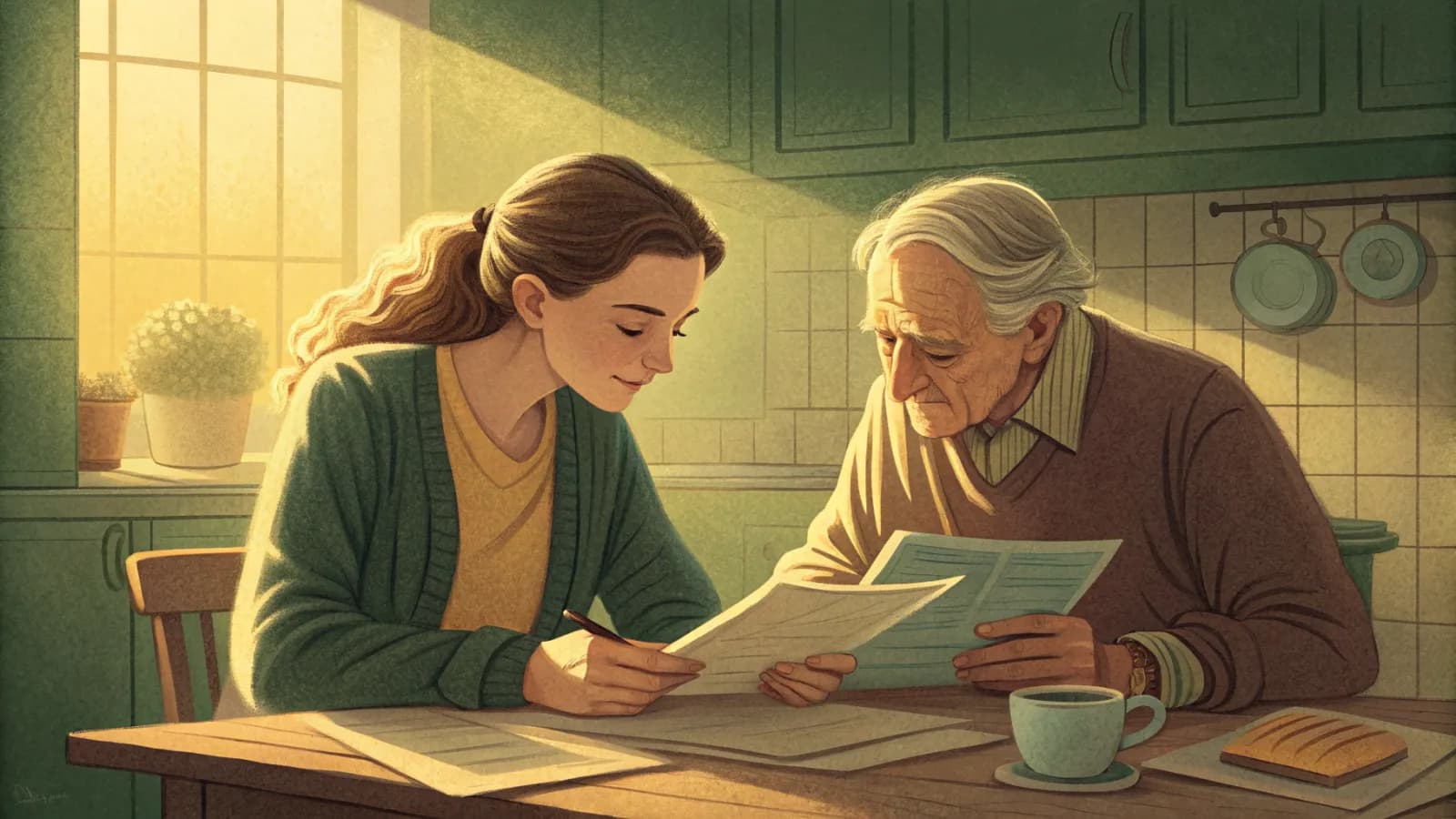 Illustration of an adult daughter and her elderly father sorting folders of paperwork at a kitchen table in warm afternoon light