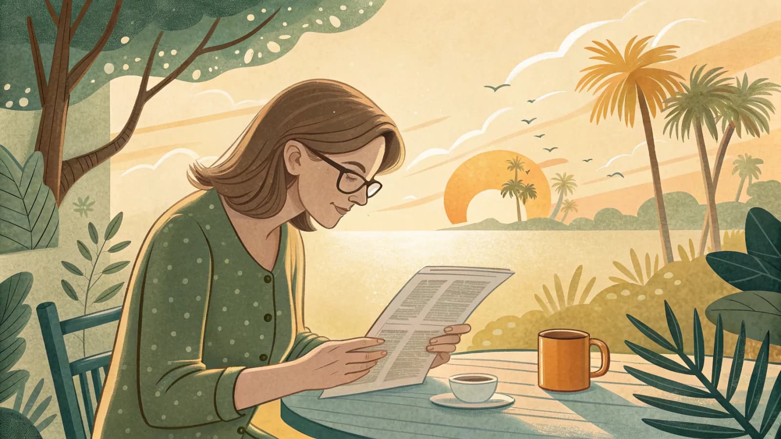 An adult daughter reading a printed report at a kitchen table with a cup of coffee beside her