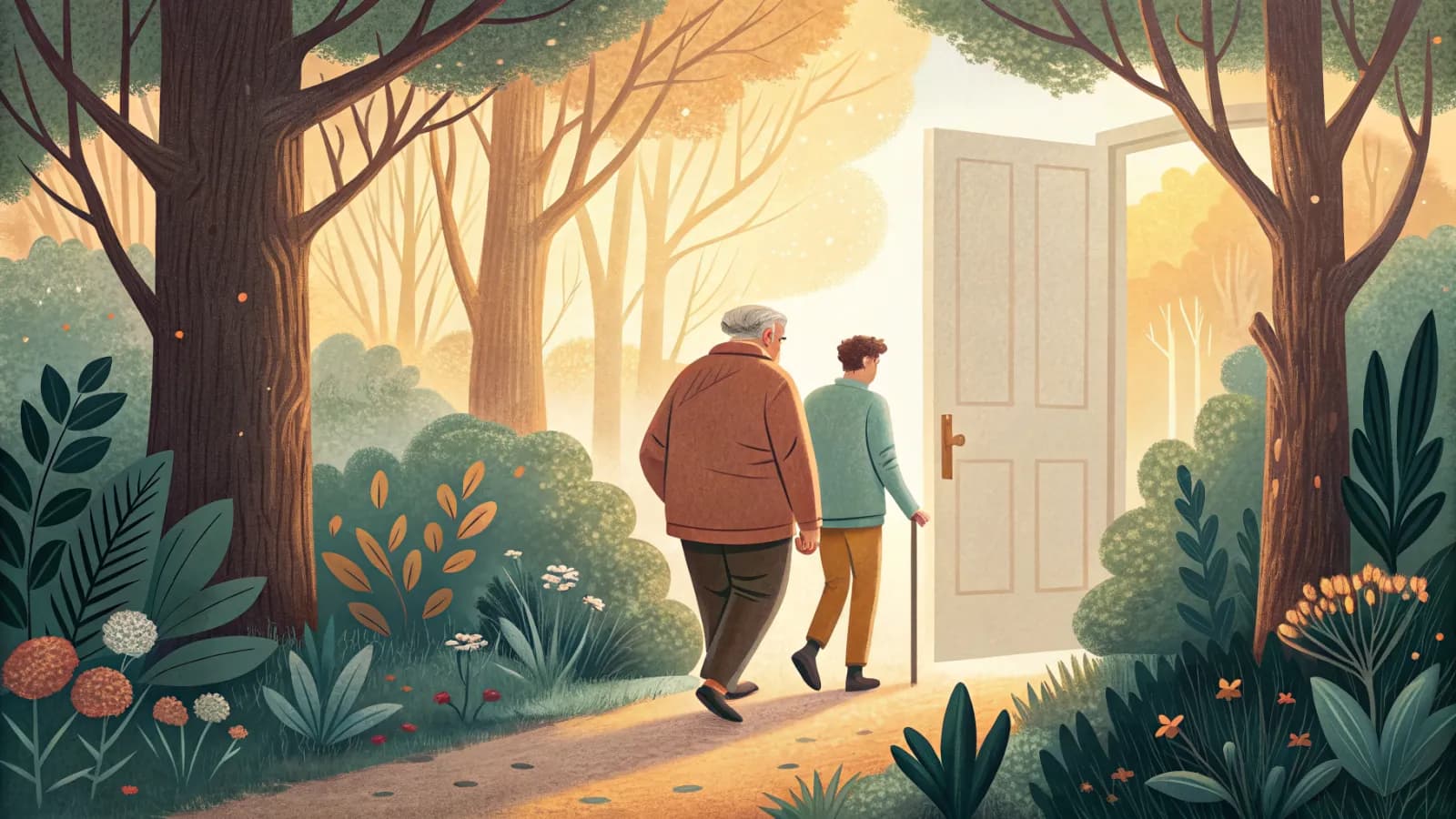 An illustration of an older man with a walker being welcomed into a sunny community room by a caregiver holding his bag
