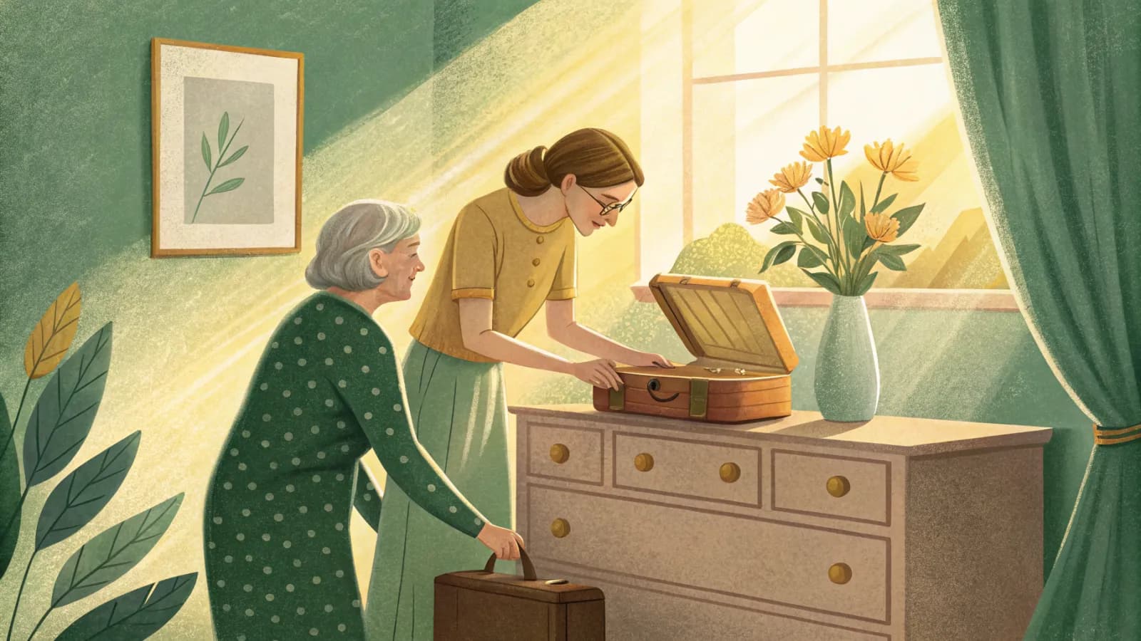 An adult daughter helping her elderly mother unpack a small suitcase in a sunny bedroom