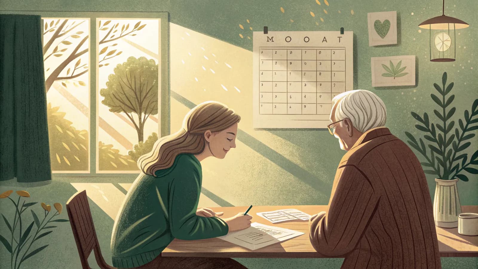 An adult daughter and her elderly father sitting at a kitchen table with a calendar and papers between them