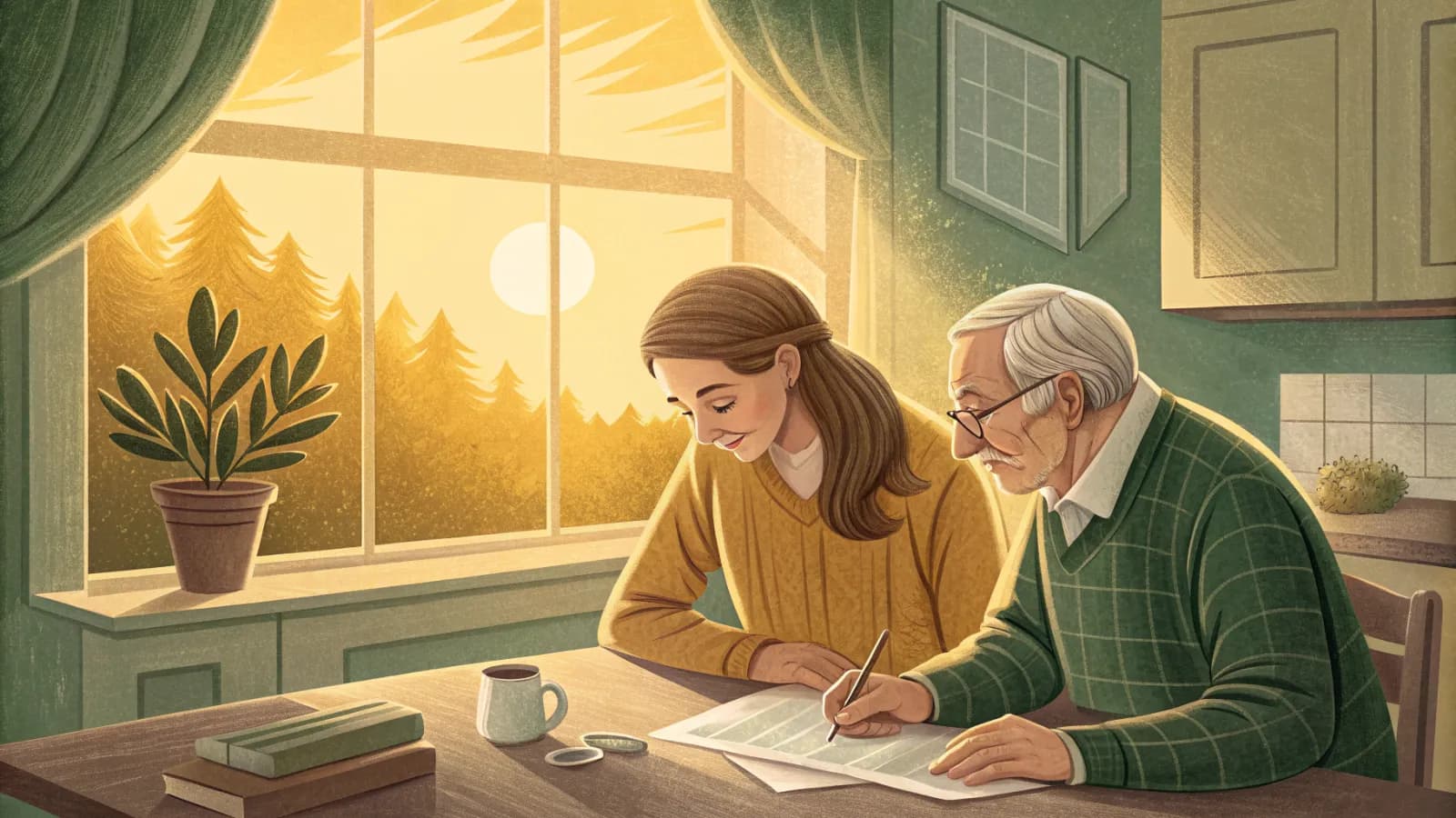 An adult daughter and her elderly father sorting house paperwork at a kitchen table by a sunny window