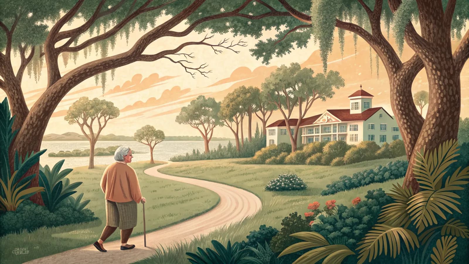 An illustration of a peaceful senior community among oak trees near a hospital