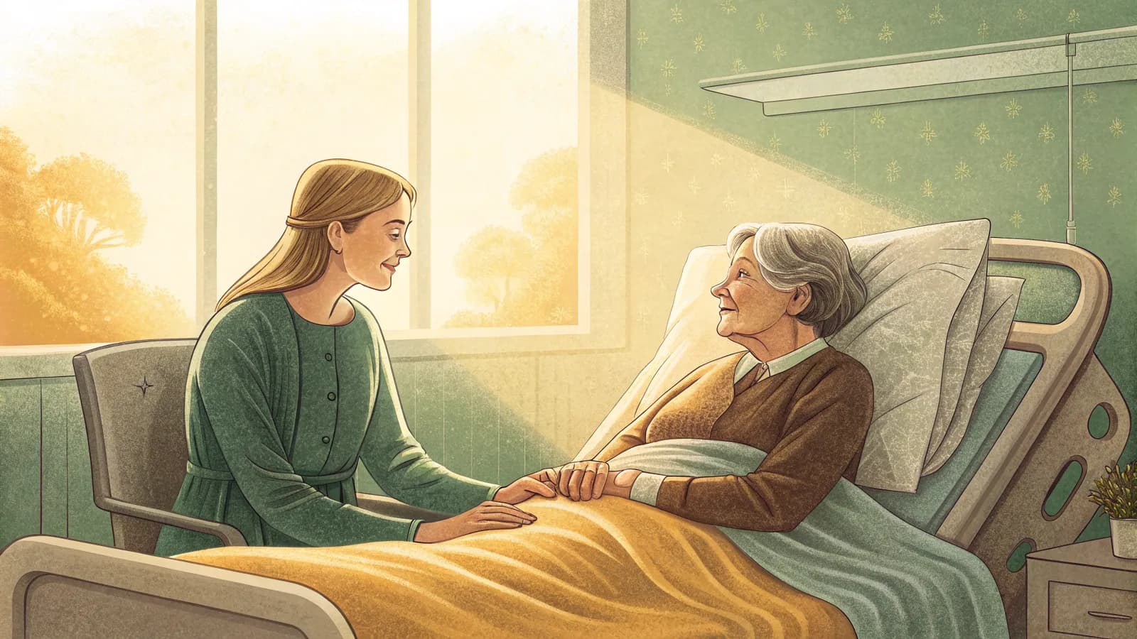 An adult daughter sitting beside her mother's hospital bed, holding her hand and talking quietly by a sunlit window