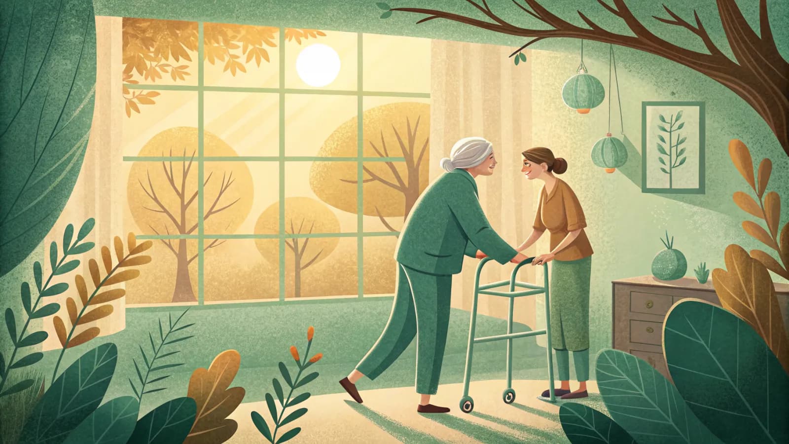 An illustration of an older woman walking with a therapist's support in a bright rehab room