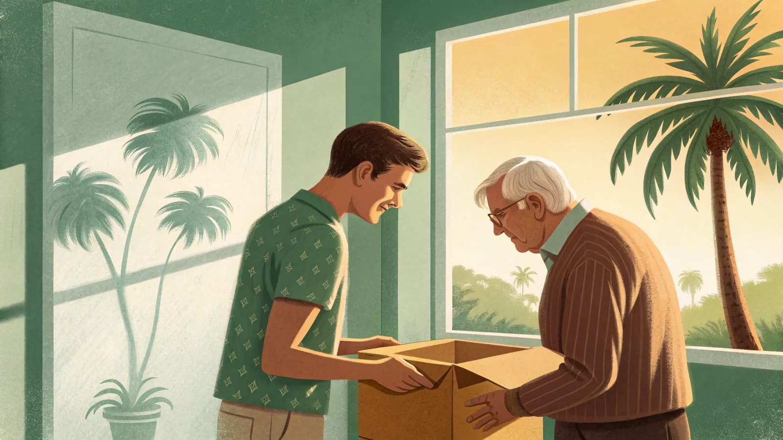 An illustration of an adult son and his elderly father unpacking boxes in a sunny Florida apartment