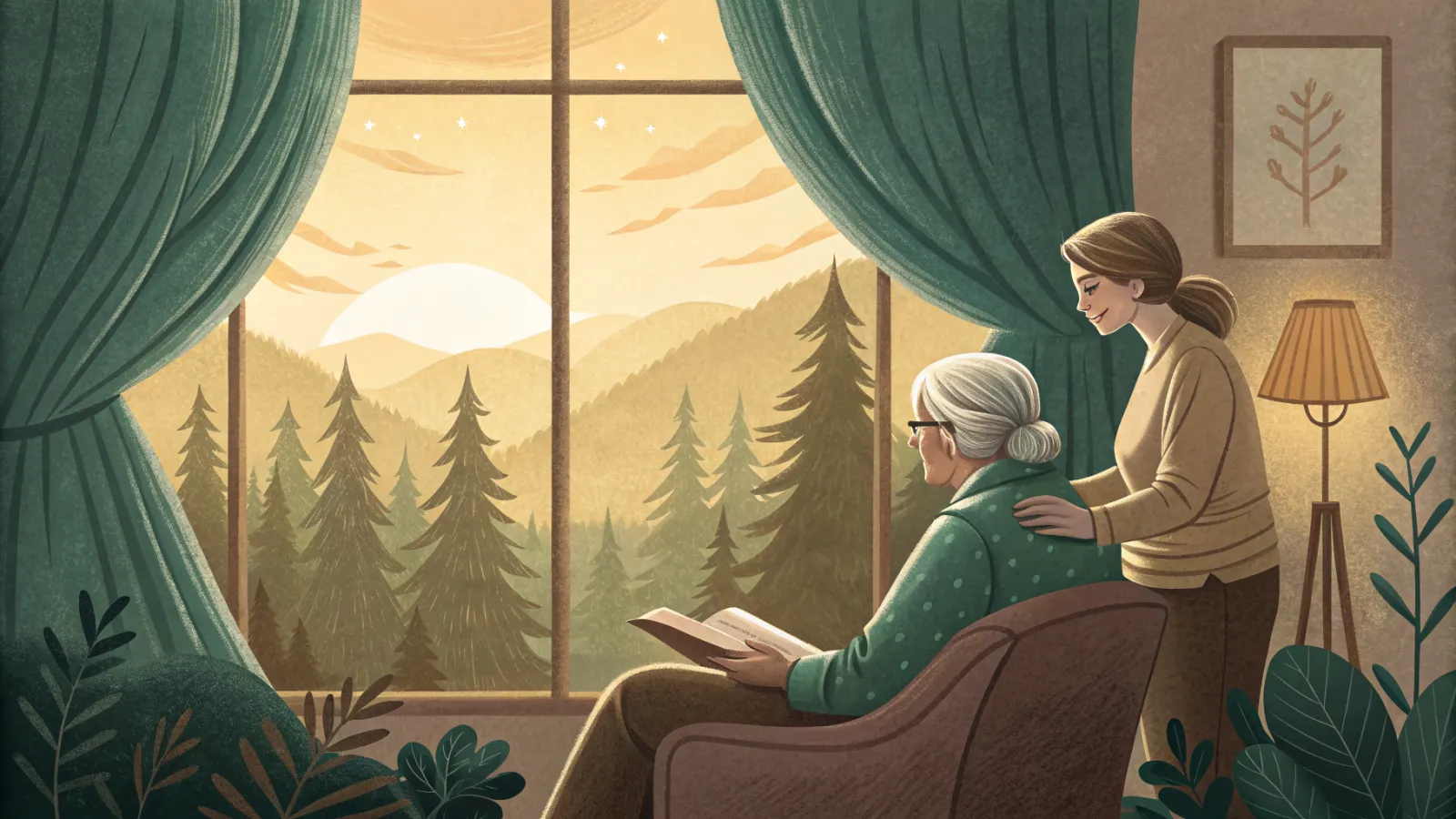 An illustration of a calm evening living room with an older person and a caregiver