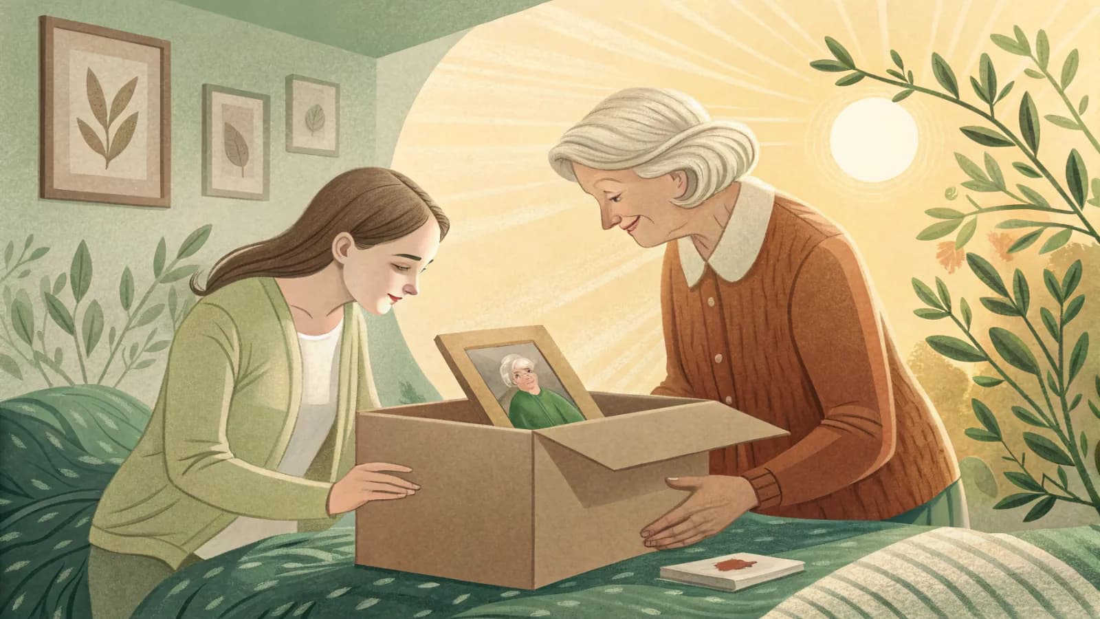 An adult daughter and her elderly mother packing a framed photograph into a box in a sunlit bedroom