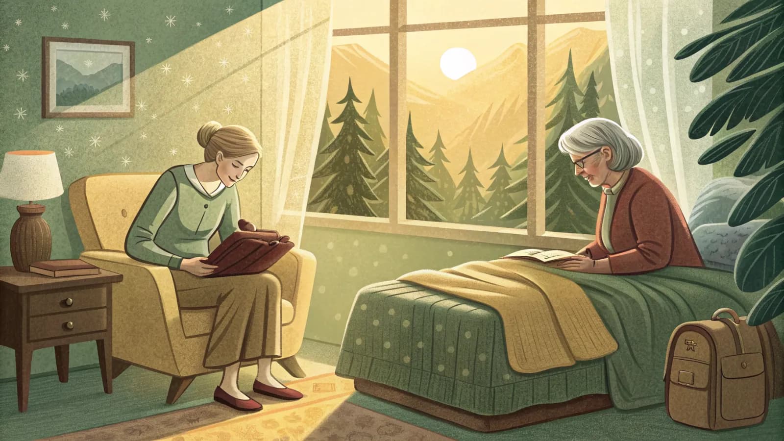 An adult daughter in an armchair and her elderly mother on a bed in a sunny bedroom, with a packed bag on the floor