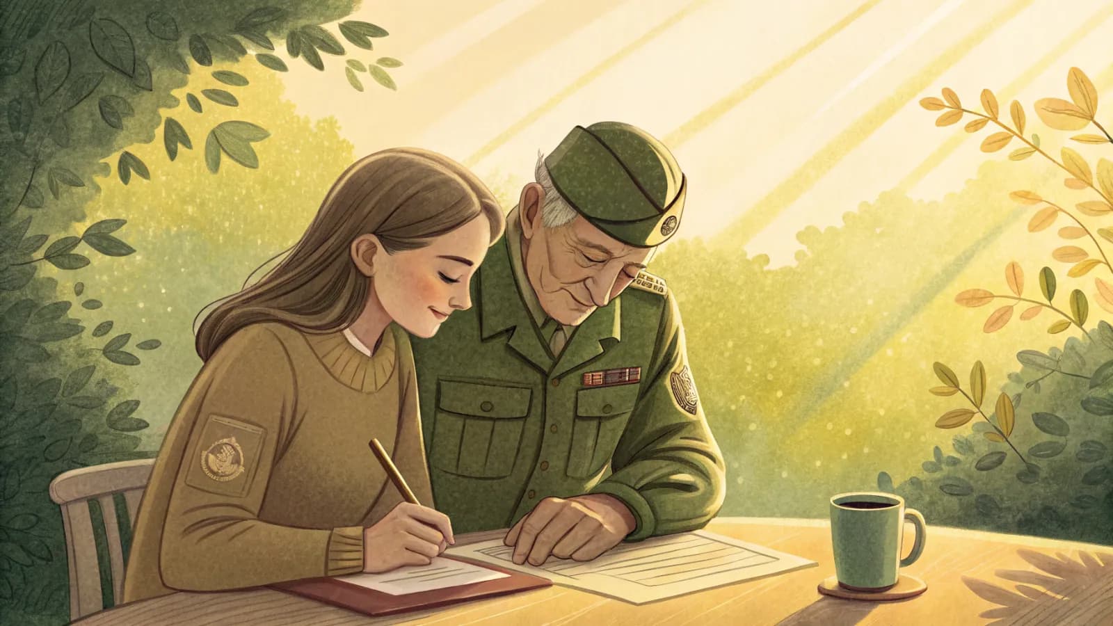 An illustration of an older veteran and his adult daughter filling out benefit paperwork together at a sunny kitchen table