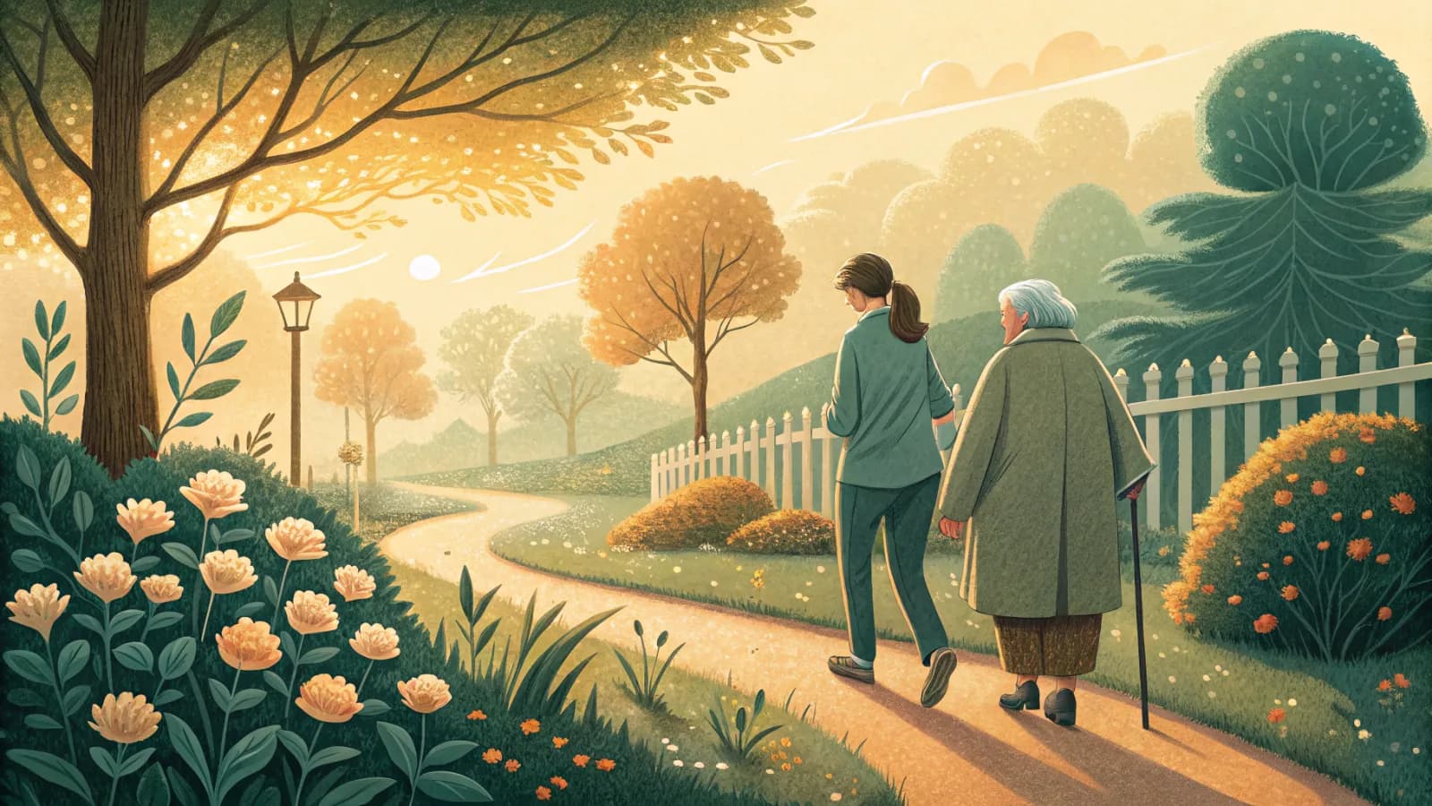 An illustration of a caregiver walking beside an older woman along a sunny garden path