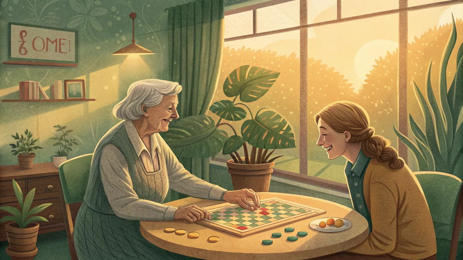 An illustration of residents and a caregiver playing a table game together in a bright common room
