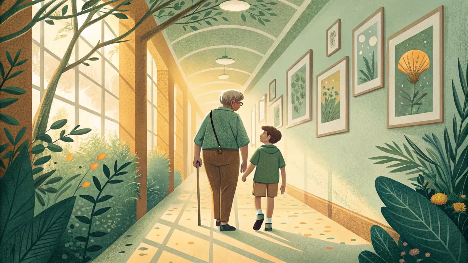 An illustration of a family member touring a bright senior community hallway with a staff member