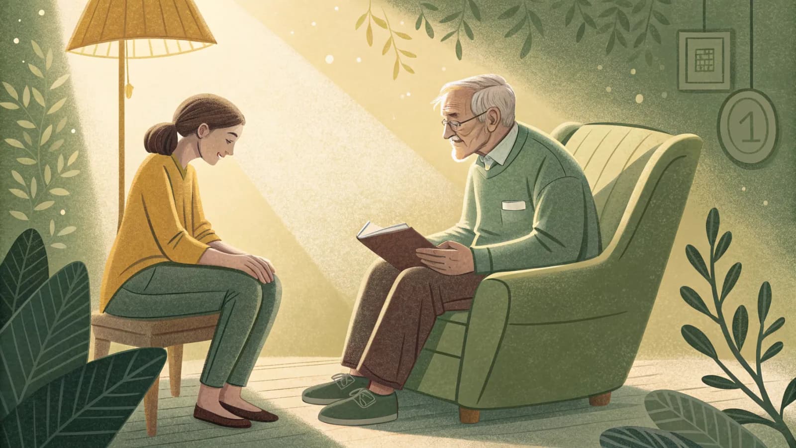 An illustration of a caregiver sitting beside an older man in a bright common room while an adult daughter listens