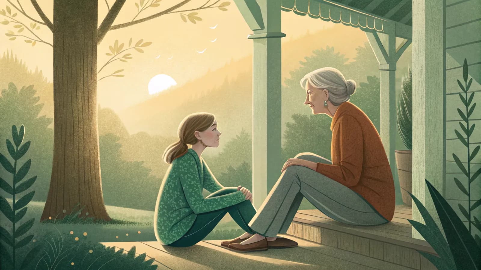 An illustration of an adult daughter and her elderly mother talking gently on a porch