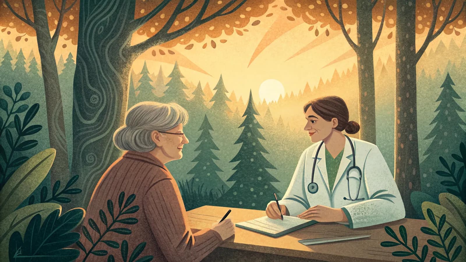 Warm illustration of a family doctor reviewing a health assessment form at a kitchen table with an older man and his adult daughter