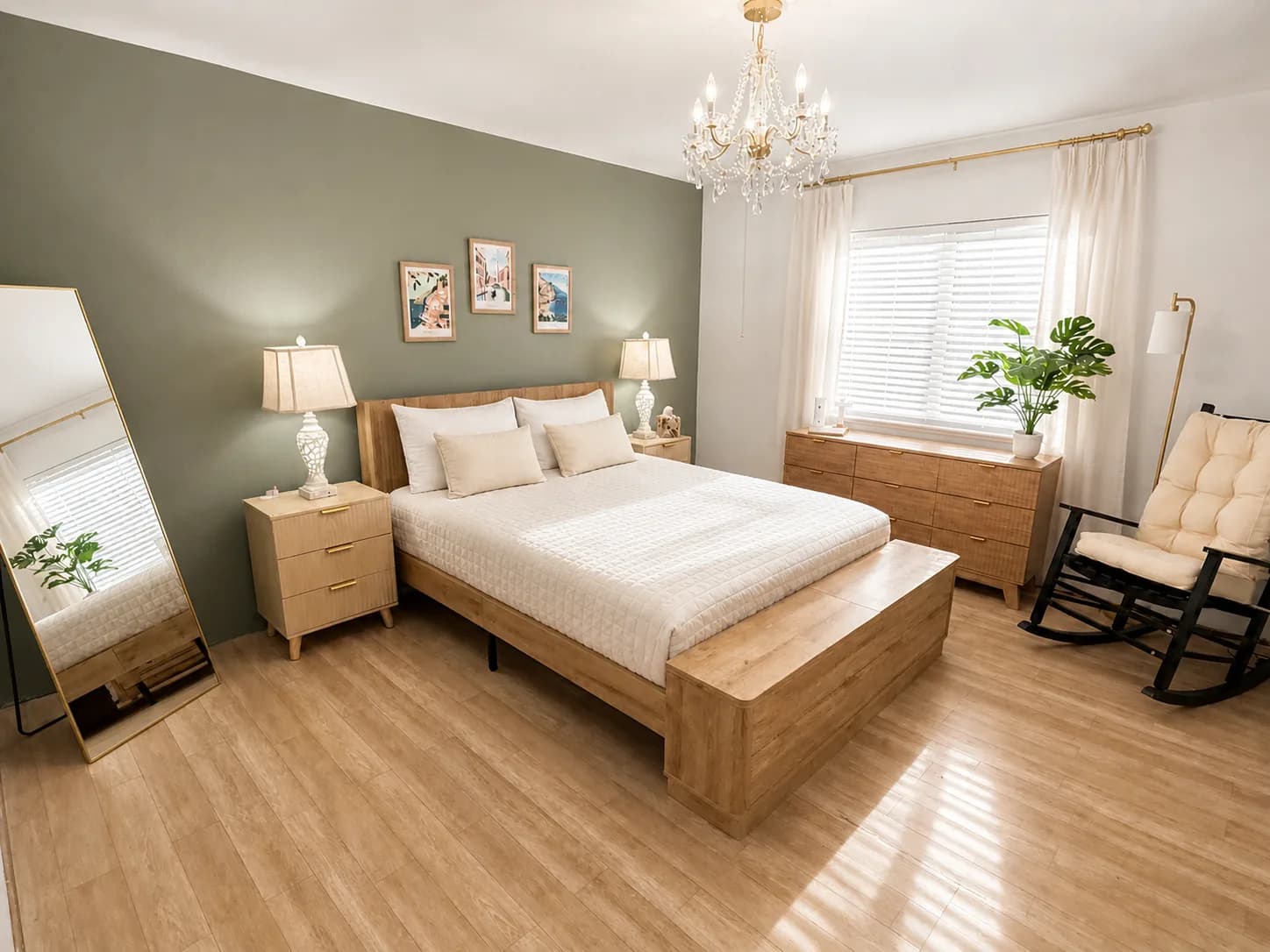 A private room at The Gardens with a full bed, a soft green wall, a mirror and a rocking chair