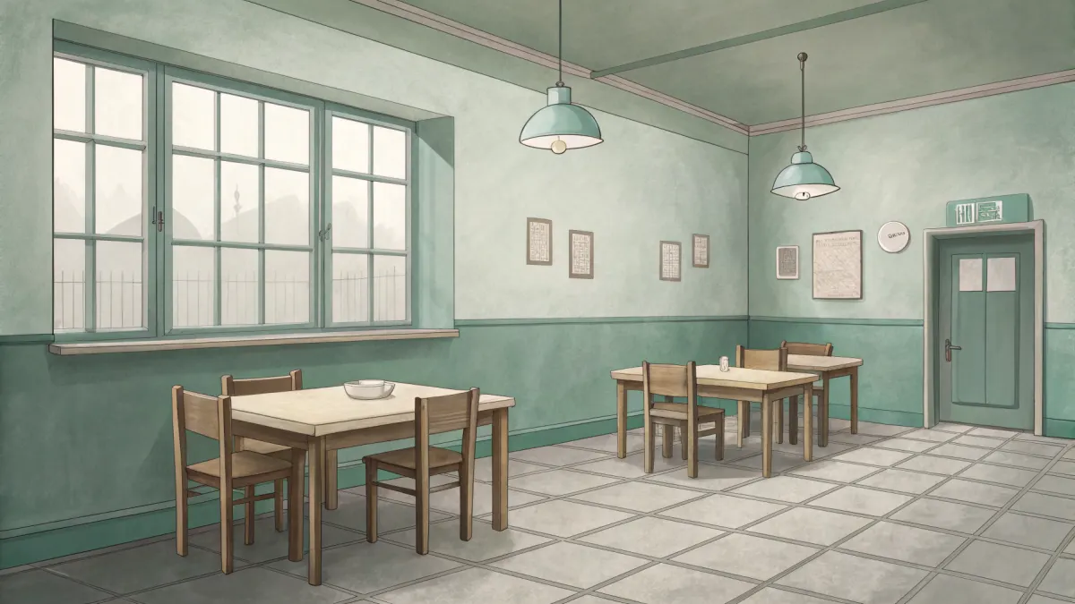 An illustration of a dining room with square tables set for a meal