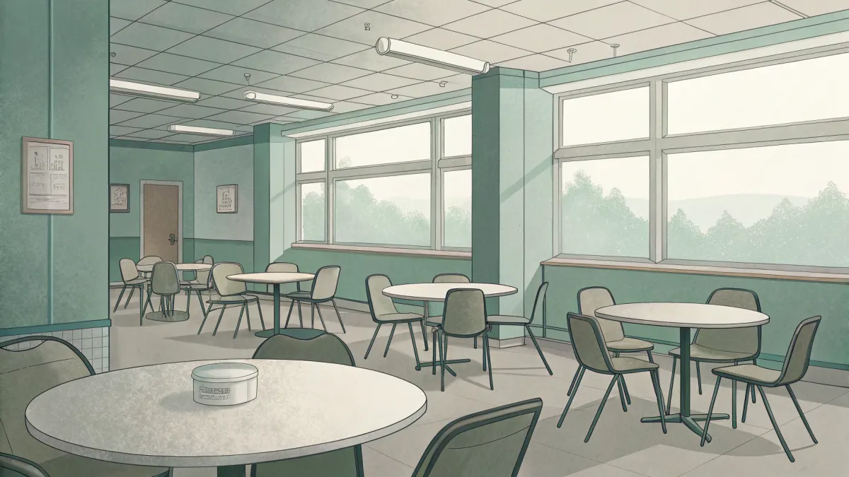 An illustration of a dining area with round tables and chairs