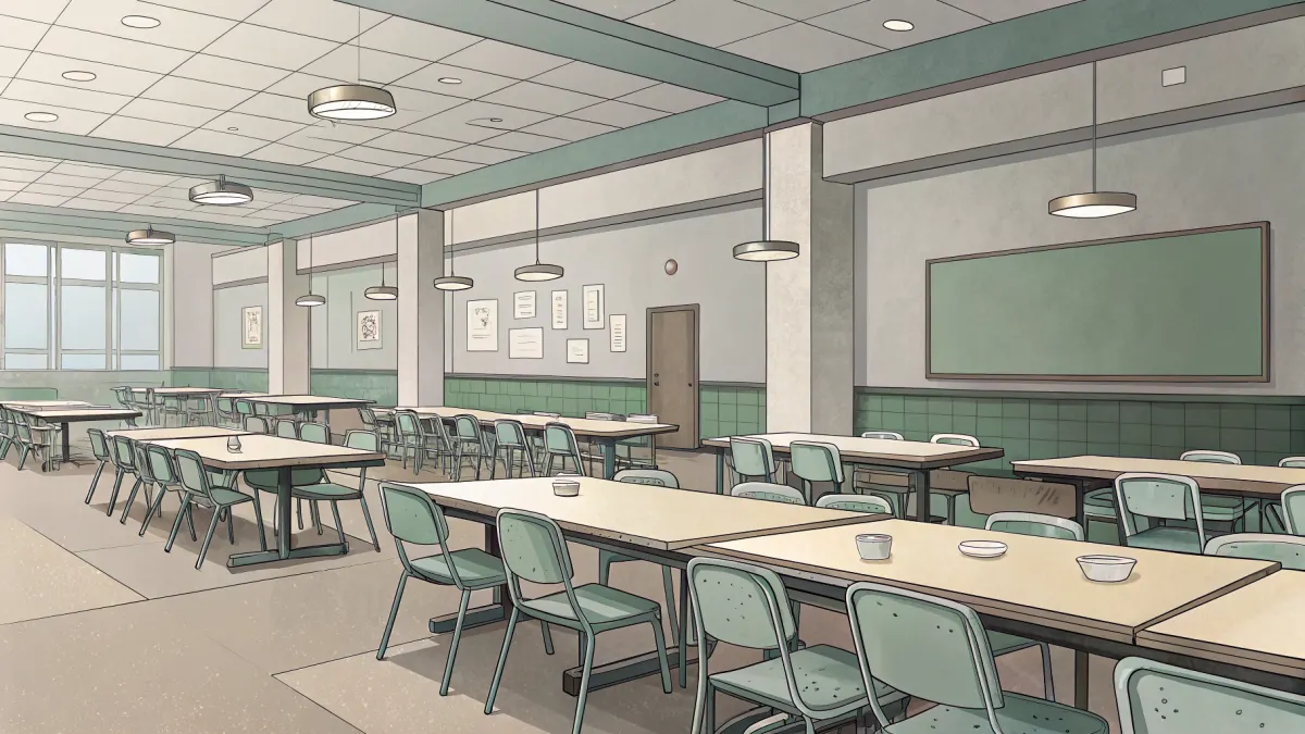 An illustration of a dining hall with long tables and chairs