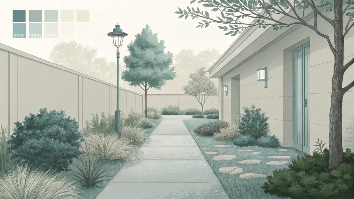 An illustration of a garden path between low shrubs