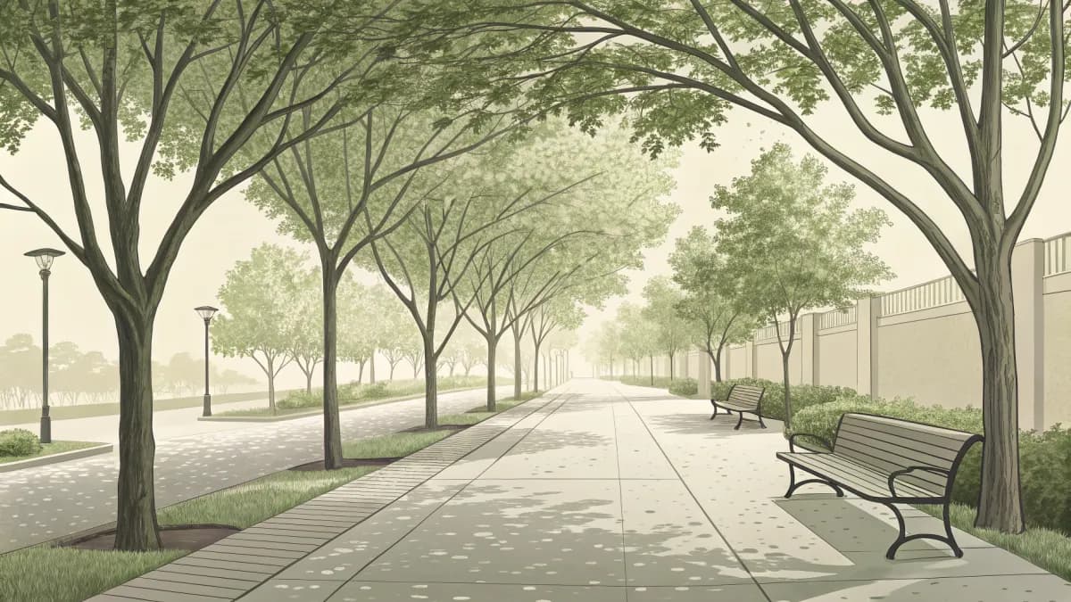 An illustration of a shaded walkway with trees and a bench