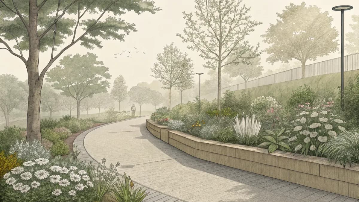 An illustration of a garden bed beside a paved path