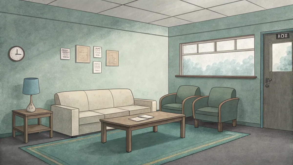 An illustration of a common room with a sofa and chairs