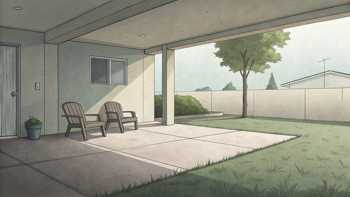 An illustration of a patio with chairs beside a lawn