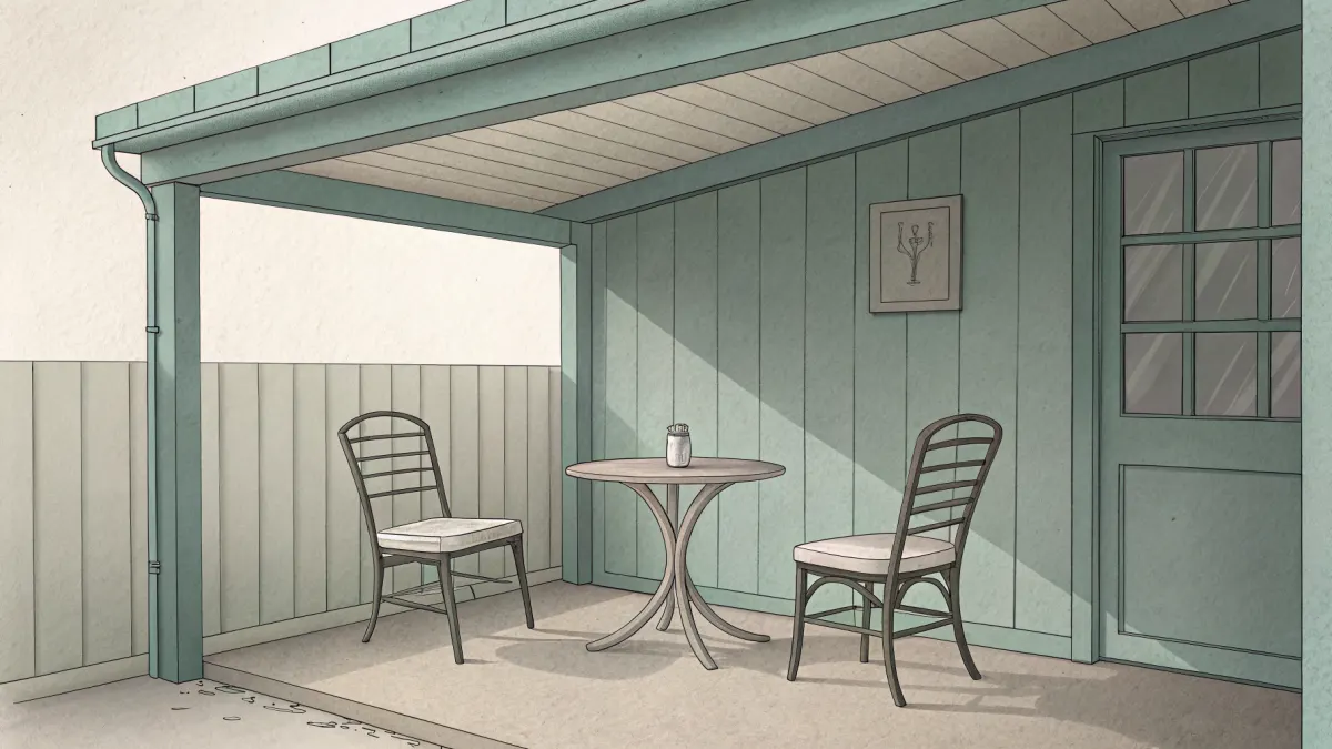 An illustration of a covered patio with a small table and chairs