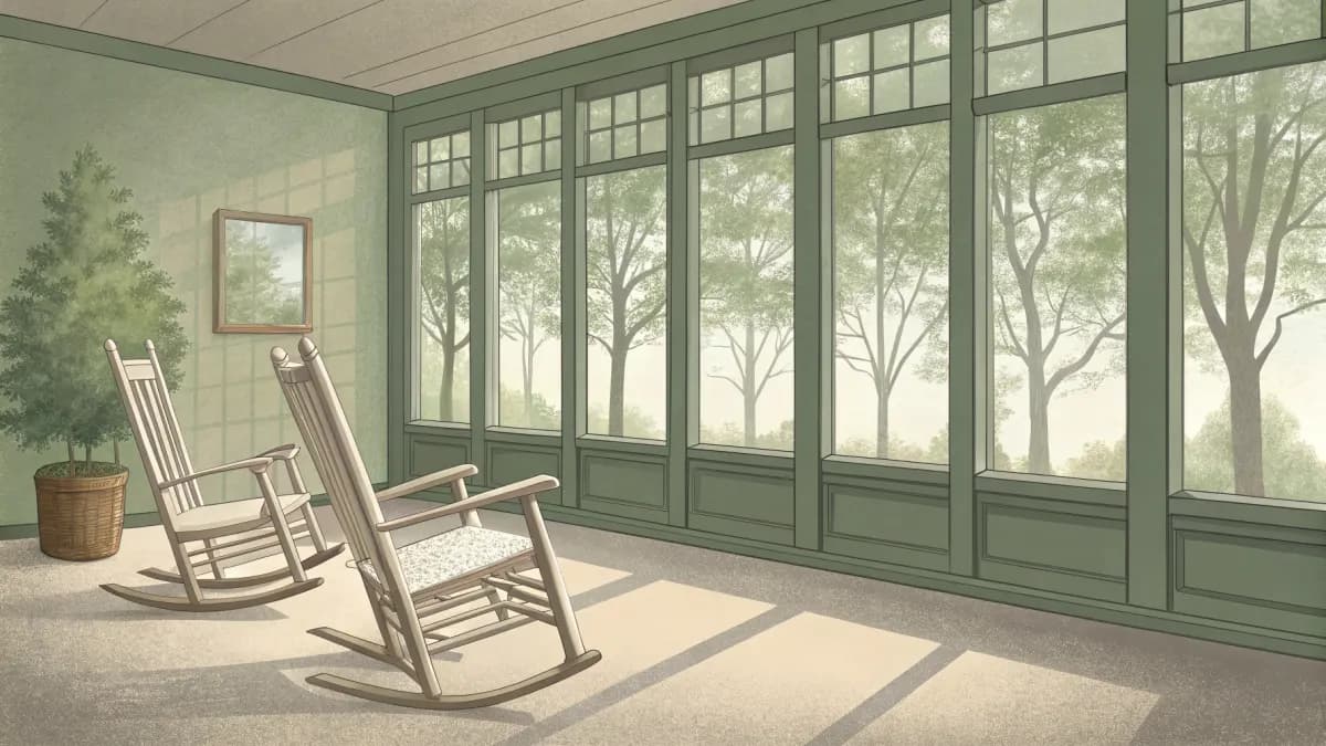 An illustration of a sunroom with rocking chairs by tall windows