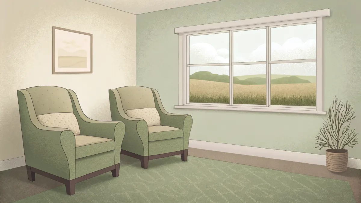 An illustration of a small sitting room with two armchairs by a window