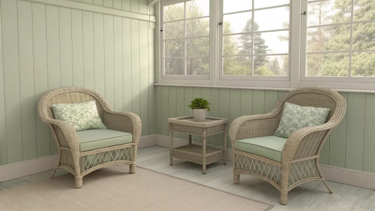 An illustration of a sunroom corner with wicker chairs and a side table