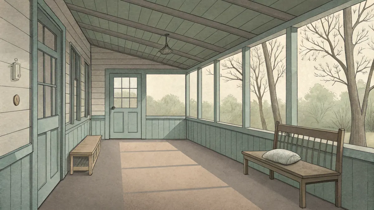 An illustration of an enclosed porch with simple seating